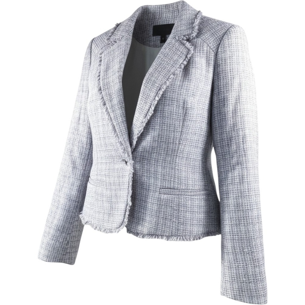 White House Black Market Tweed Jacket Cool Wisteria Ecru Size 14 Blazer Fringe